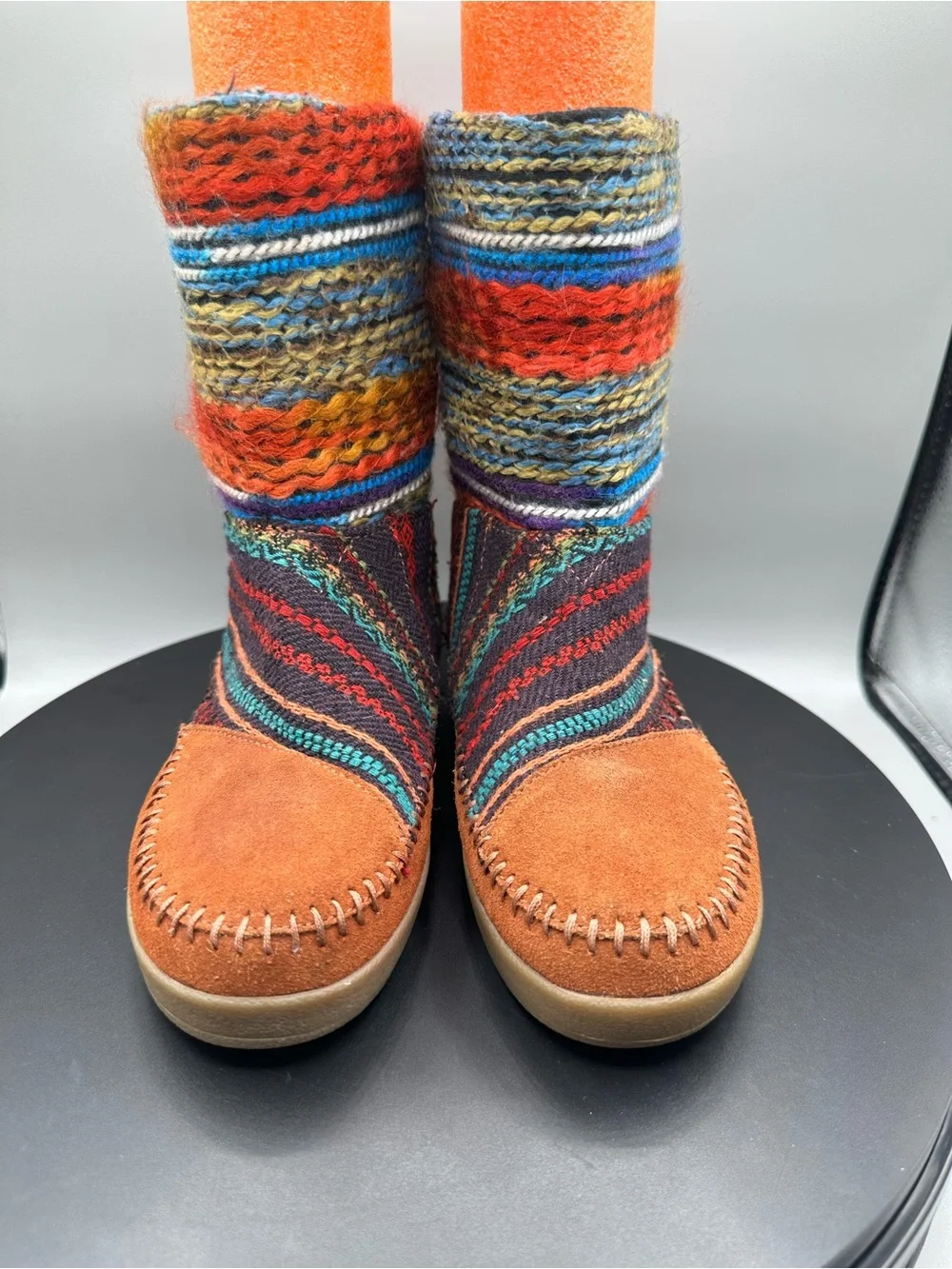 Toms Nepal Suede Woven Yarn Mid Boots Women 6 Brown Boho Stripe